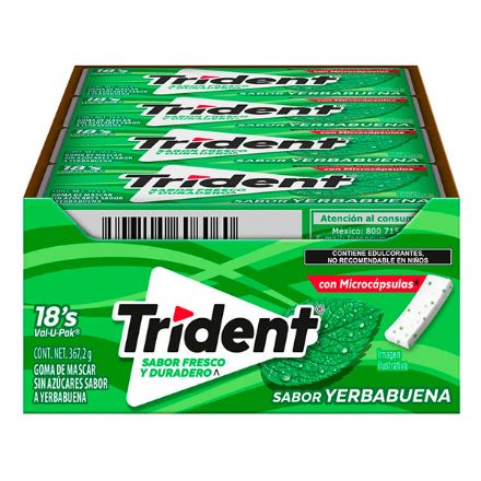 Mostrar detalles de Trident Val U Pack Yerbabuena 12/30.6g Imagen de Trident Val U Pack Yerbabuena 12/30.6g